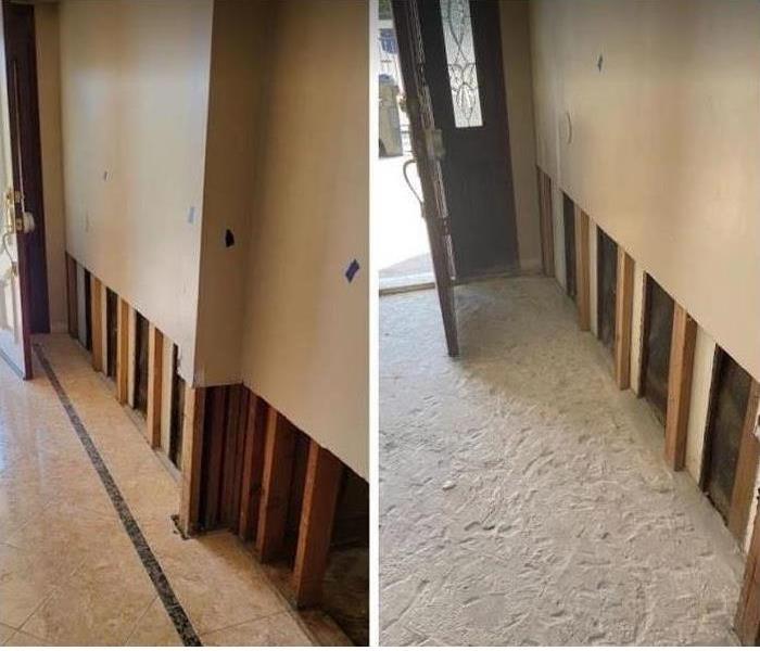 before and after of water damaged foyer
